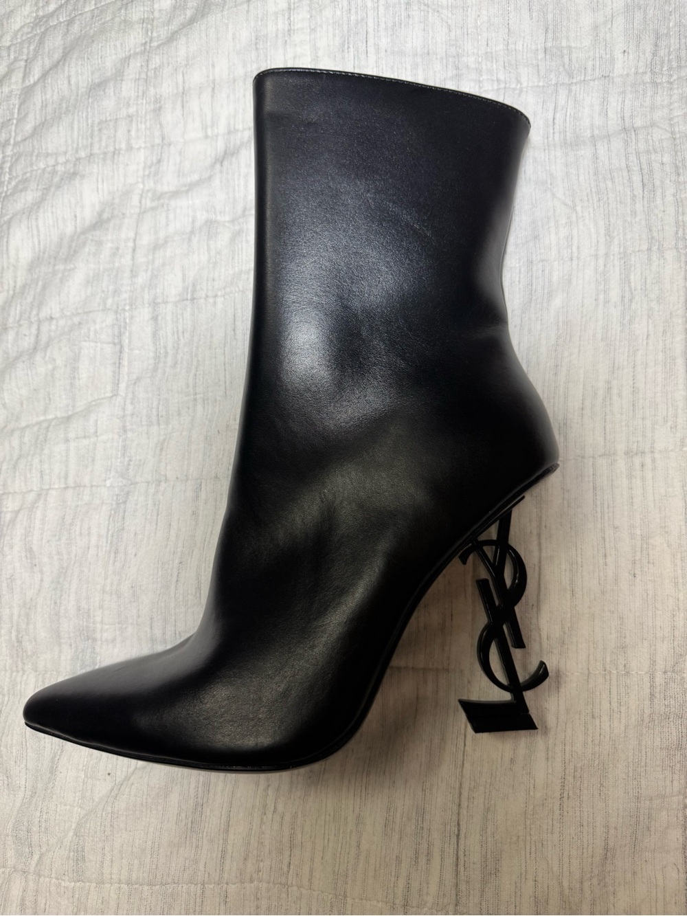 Saint Laurent Black Leather Ankle Boot with Logo Sculptural Heel